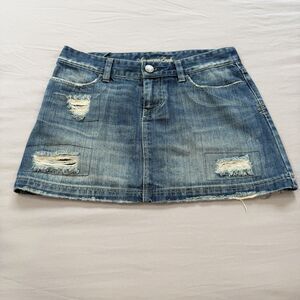 Y2K American Eagle Micro Mini Denim Skirt SIZE 2 Low Rise Distressed Blue Boho